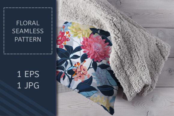 Chrysanthemums, Hydrangea and Vector floral seamless pattern. Pink, yellow, blue flowers isolated on white background. Deep blue leaves, light blue transparent overlays leaves. For decorative design of any surfaces, fabric, cards, banners. Files in package 1 EPS 10, vector file for Adobe Illustrator also imported into Photoshop 1 JPG, 6000×4000 px